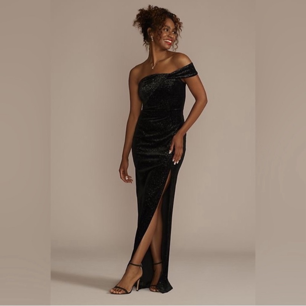 David’s Bridal One Shoulder Black Sparkle Velvet Slit Maxi Prom Dress Formal